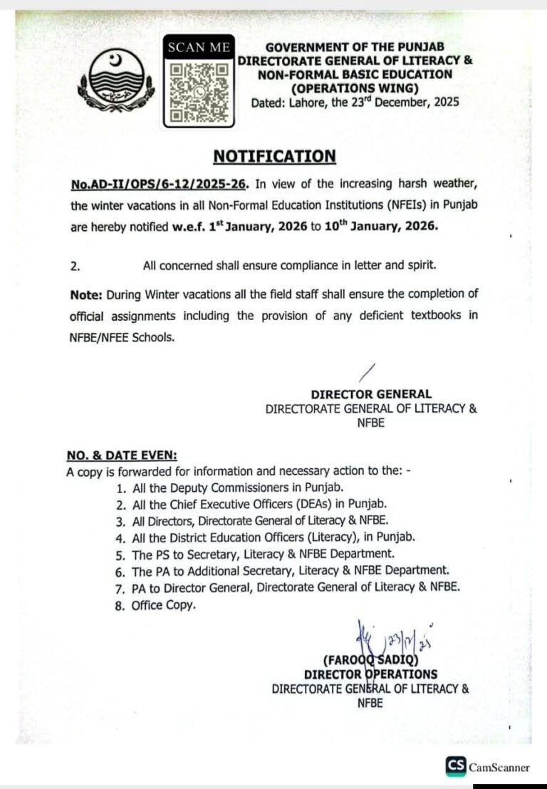 GOVERNMENT OF THE PUNJAB DIRECTORATE GENERAL OF LITERACY & NON-FORMAL BASIC EDUCATION Vacations