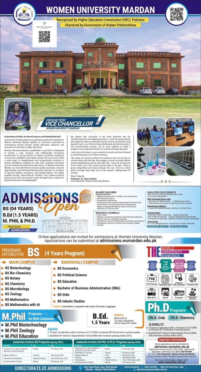 Women University, MardanMain Campus | Bakhshali CampusAdmissions Spring 2026