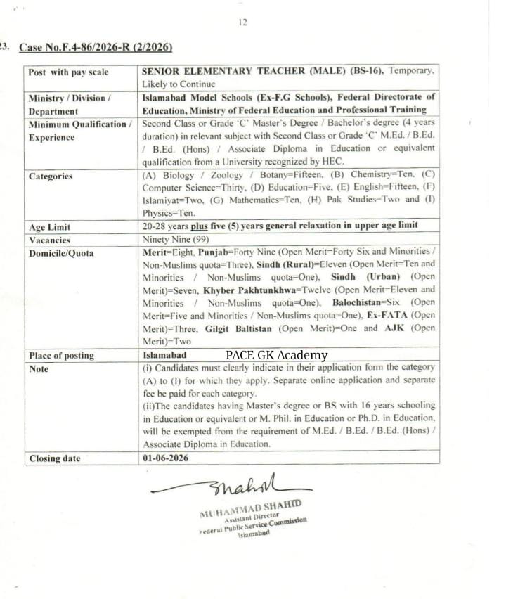 FPSC Senior Elementary Teacher (Female) BS-16 Jobs 2026 Announced FPSC Senior Elementary Teacher (Female) BS-16 Jobs 2026 Announced