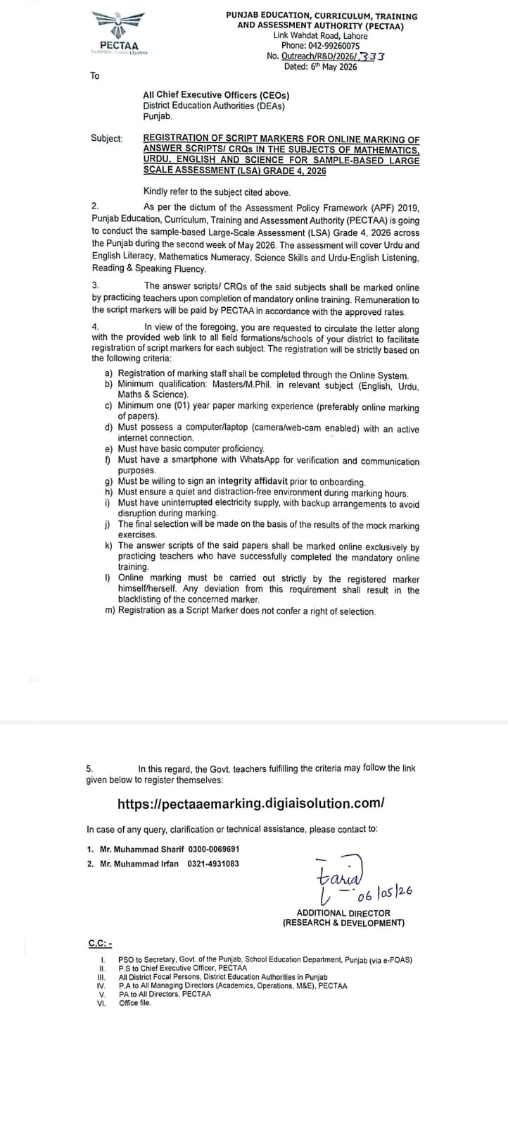 REGISTRATION OF SCRIPT MARKERS FOR ONLINE MARKING OF ANSWER SCRIPTS LSA