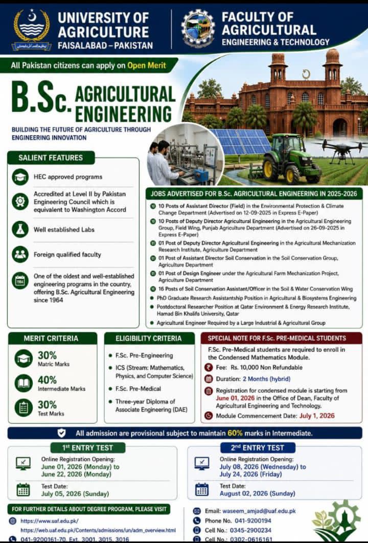UAF Undergraduate Admissions 2026-27 | B.Sc Agricultural Engineering