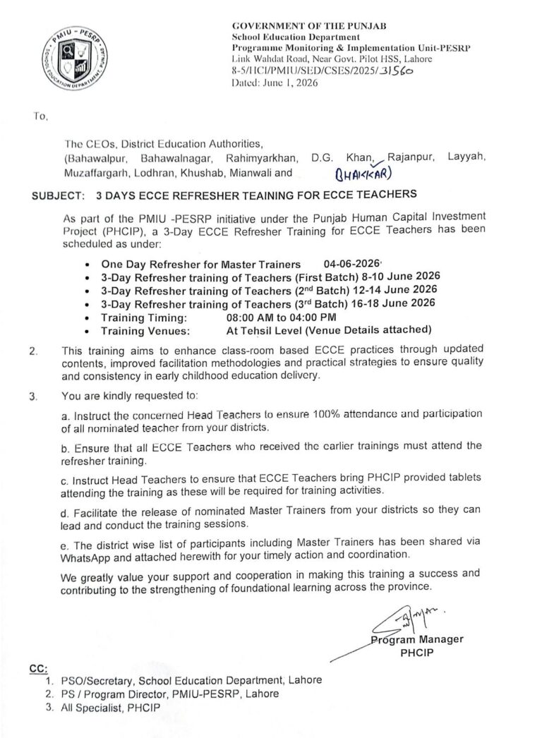 Three days ECE training at Tehsil level