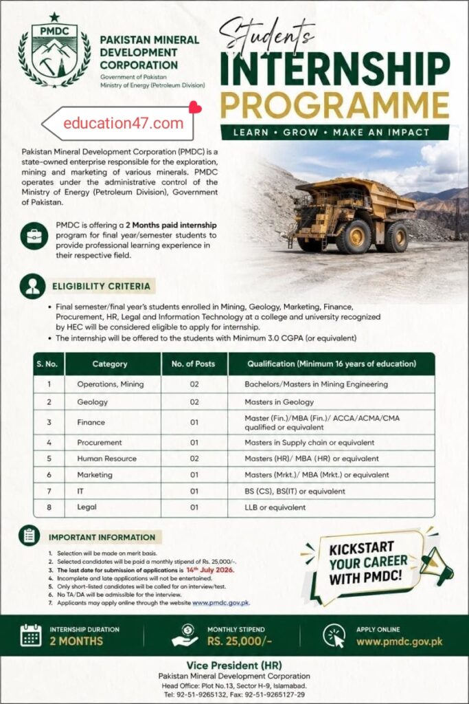 Pakistan Mineral Development Corporation (PMDC) Students Internship Program 2026